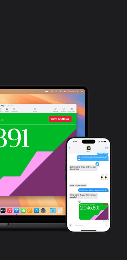 Een Mac met een presentatie. Voor de Mac staat een iPhone waarop een berichtenuitwisseling wordt weergegeven en een presentatie wordt gedeeld.