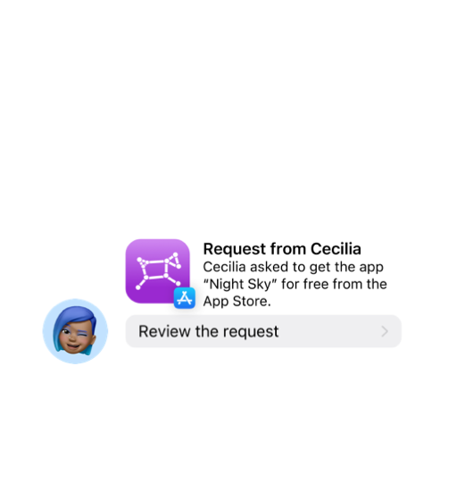 An Ask to Buy notification from Cecilia, requesting to download ‘Night Sky’ from the App Store. The user is able to review the request.