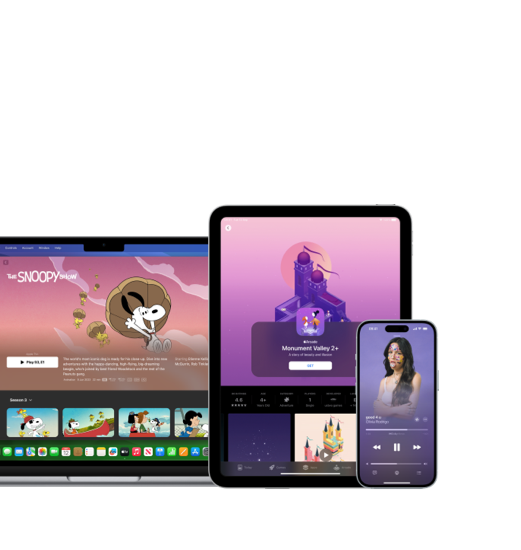 A MacBook with The Snoopy Show on Apple TV on screen, an iPad with Monument Valley on Apple Arcade on screen, an iPhone with good 4 u by Olivia Rodrigo playing on Apple Music on screen.