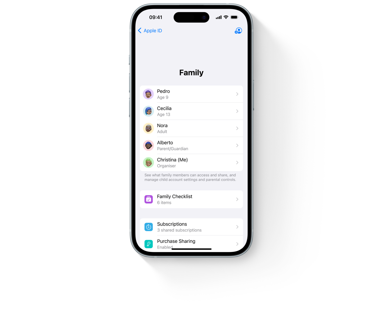 A five-person family is represented as Memoji heads. Each is inside a different coloured circle. They playfully look to one another before resolving into the Family Sharing screen in Settings inside an iPhone.