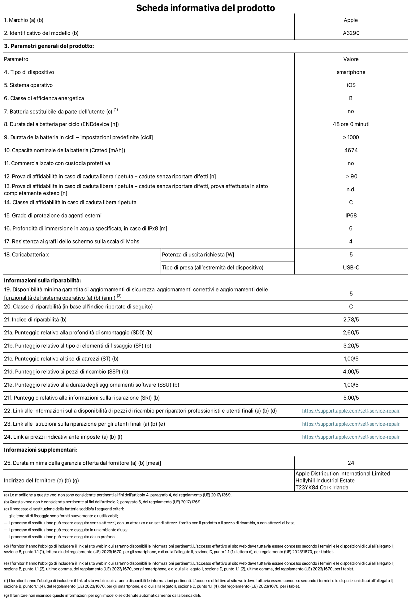 Scheda informativa del prodotto per iPhone 16 Plus, modello A3290. Fornito da Apple Distribution International Limited, Hollyhill Industrial Estate, T23 YK84 Cork, Irlanda. Tipo di dispositivo: smartphone. Sistema operativo: iOS. Classe di efficienza energetica: B. Batteria sostituibile da parte dell’utente: no. Durata della batteria per ciclo: 48 ore. Durata della batteria in cicli (impostazioni predefinite): maggiore o uguale a 1000. Capacità nominale della batteria: 4674 mAh. Commercializzato con custodia protettiva: no. Prova di affidabilità in caso di caduta libera ripetuta (cadute senza riportare difetti): maggiore o uguale a 90. Prova di affidabilità in caso di caduta libera ripetuta (cadute senza riportare difetti, prova effettuata in stato completamente esteso): non disponibile. Classe di affidabilità nel caso di caduta libera ripetuta: C. Grado di protezione da agenti esterni: IP68. Profondità di immersione in acqua specificata, in caso di IPx8: 6 metri. Resistenza ai graffi dello schermo sulla scala di Mohs: 4. Potenza di uscita richiesta per il caricabatterie: 5W. Tipo di presa per il caricabatterie (all’estremità del dispositivo): USB-C. Disponibilità minima garantita di aggiornamenti di sicurezza, aggiornamenti correttivi e aggiornamenti delle funzionalità del sistema operativo: 5 anni. Classe di riparabilità: C. Indice di riparabilità: 2,78 su 5. Punteggio relativo alla profondità di smontaggio (SDD): 2,60 su 5. Punteggio relativo al tipo di elementi di fissaggio: 3,20 su 5. Punteggio relativo al tipo di attrezzi: 1,00 su 5. Punteggio relativo ai pezzi di ricambio: 4,00 su 5. Punteggio relativo alla durata degli aggiornamenti software: 1,00 su 5. Punteggio relativo alle informazioni sulla riparazione: 5,00 su 5. Link alle informazioni sulla disponibilità di pezzi di ricambio per riparatori professionisti e utenti finali: https://support.apple.com/self-service-repair. Link alle istruzioni sulla riparazione per gli utenti finali: https://support.apple.com/self-service-repair. Link ai prezzi indicativi ante imposte: https://support.apple.com/self-service-repair. È prevista una garanzia generale di 24 mesi.