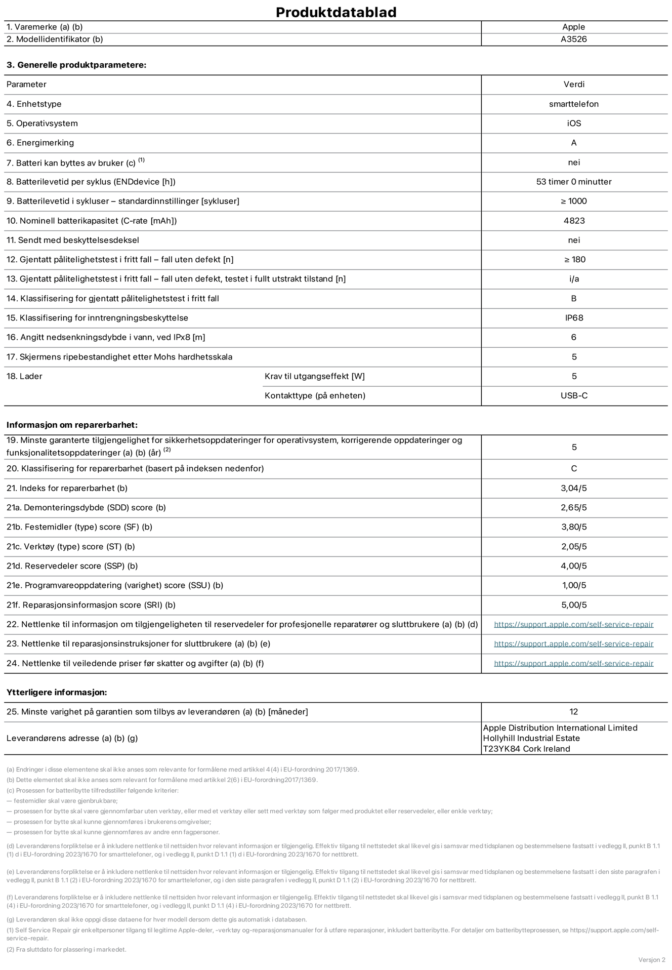 Produktdatablad for iPhone 17 Pro Max – modell A3526. Levert av Apple Distribution International Limited, Hollyhill Industrial Estate. Cork, Irland, T23 YK84. Enhetstype: smarttelefon. Operativsystem: iOS. Energieffektivitetsklasse: A. Batteriet kan byttes av brukeren: nei. Batteriets holdbarhet per ladesyklus: 53 timer. Batteriets holdbarhet i antall ladesykluser – standardinnstillinger: større enn eller lik 1000. Nominell batterikapasitet: 4823 mAh Leveres med beskyttelsesdeksel: nei. Holdbarhetstest ved gjentatte fall – antall fall uten feil: større enn eller lik 180. Holdbarhetstest ved gjentatte fall – antall fall uten feil i helt utfoldet tilstand: ikke relevant. Holdbarhetsklasse ved gjentatte fall: B. Kapslingsgrad: IP68. Angitt nedsenkingsdybde i vann ved IPx8: 6 meter. Skjermens ripefasthet på Mohs skala: 5. Krav til laderens utgangseffekt: 5 watt. Laderens stikkontakt (på enhetssiden): USB-C. Minstegaranti for tilgang på sikkerhetsoppdateringer, feilrettinger og funksjonsoppdateringer til operativsystemet: 5 år. Reparerbarhetsklasse: C. Reparerbarhetsindeks: 3,04/5. Demontering: 2,65/5. Festeanordninger: 3,80/5. Verktøy: 2,05/5. Reservedeler: 4,00/5. Programvareoppdateringer: 1,00/5. Informasjon om reparasjon: 5,00/5. Lenke til informasjon om tilgjengelighet for reservedeler for profesjonelle reparatører og sluttbrukere: https://support.apple.com/no-no/self-service-repair. Lenke til reparasjonsveiledning for sluttbrukere: https://support.apple.com/no-no/self-service-repair. Lenke til veiledende priser ekskl. mva: https://support.apple.com/no-no/self-service-repair. Produktet omfattes av en 12-måneders generell garanti