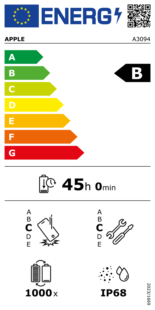 Etiqueta energética da UE, código QR e informações, modelo A3094 da Apple, classe B, classes de eficiência energética (numa escala de A a G), A (mais eficiente) a G (menos eficiente), autonomia da bateria por ciclo, 45 horas e 0 minutos por carga completa da bateria, classe C de fiabilidade em queda livre repetida, A (mais robusto) a E (menos robusto), classe C de reparabilidade, A (mais reparável) a E (menos reparável), 1000 de autonomia da bateria em ciclos, classificação IP68 de proteção contra a entrada de pó e água, regulamento 2023/1669