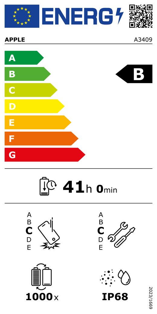 Etiqueta energética da UE, código QR e informações, modelo A3409 da Apple, classe B, classes de eficiência energética (numa escala de A a G), A (mais eficiente) a G (menos eficiente), autonomia da bateria por ciclo, 41 horas e 0 minutos por carga completa da bateria, classe C de fiabilidade em queda livre repetida, A (mais robusto) a E (menos robusto), classe C de reparabilidade, A (mais reparável) a E (menos reparável), 1000 de autonomia da bateria em ciclos, classificação IP68 de proteção contra a entrada de pó e água, regulamento 2023/1669