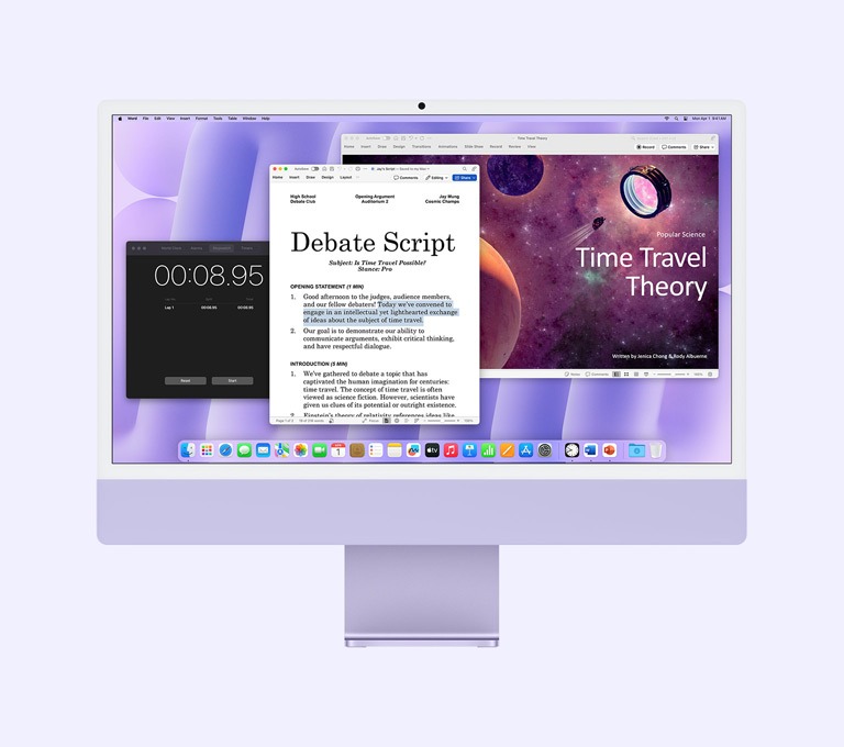 iMac viola: lo schermo mostra le app Microsoft Word, Microsoft PowerPoint e Orologio