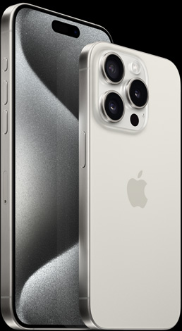 Vista frontal do iPhone 15 Pro Max de 6,7” e vista traseira do iPhone 15 Pro de 6,1” em titânio branco