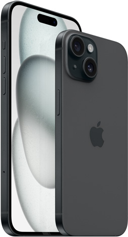 Etunäkymä 6,7 tuuman iPhone 15 Plussasta ja taustanäkymä 6,1 tuuman mustasta iPhone 15:stä.