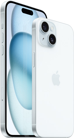 Visning av forsiden av 6,7-tommers iPhone 15 Plus og visning av baksiden av 6,1-tommers iPhone 15 i blå.