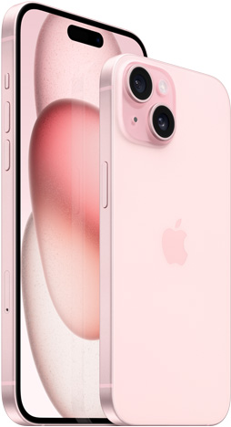 Visning av forsiden av 6,7-tommers iPhone 15 Plus og visning av baksiden av 6,1-tommers iPhone 15 i rosa.
