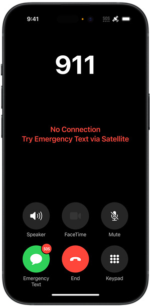 An iPhone showing the message "No Connection. Try Emergency Text via Satellite."