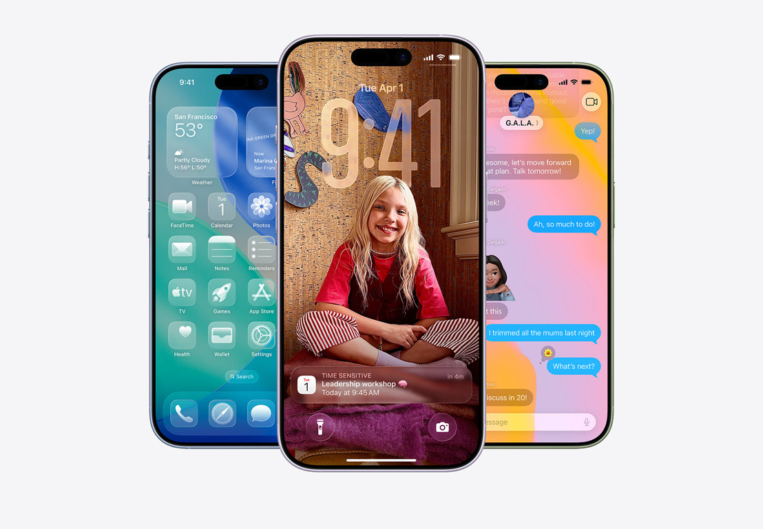 Ecrã do iPhone a mostrar janela pop-up de filtragem de chamadas, ecrã do iPhone com o design Liquid Screen a mostrar janelas pop-up das apps Mail e Mensagens, ecrã do iPhone a mostrar uma conversa da app Mensagens com o fundo Liquid Glass
