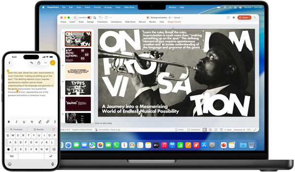 Un iPhone utilisant le presse-papiers universel pour copier du texte surligné et le coller dans une présentation Microsoft PowerPoint sur un MacBook Pro 14 pouces.