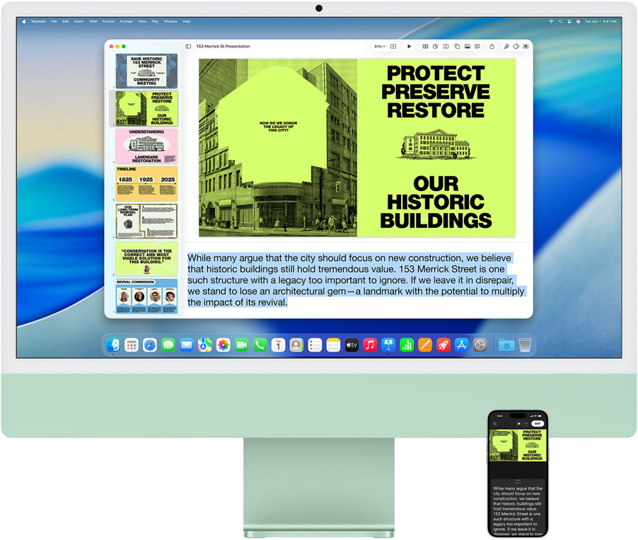 iMac y iPhone 16 Plus, app Keynote abierta en el iMac, diapositiva y notas de la presentación visibles en el iPhone
