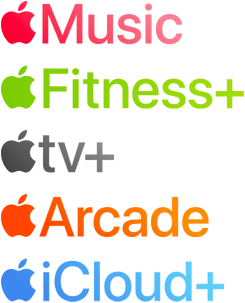 Liste des services Apple : Apple Music, Apple Fitness Plus, Apple TV Plus, Apple Arcade et Apple iCloud Plus