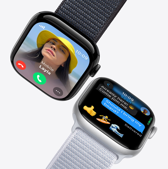 Två Apple Watch-skärmar. På den första visas ett inkommande samtal. På den andra visas ett textmeddelande.