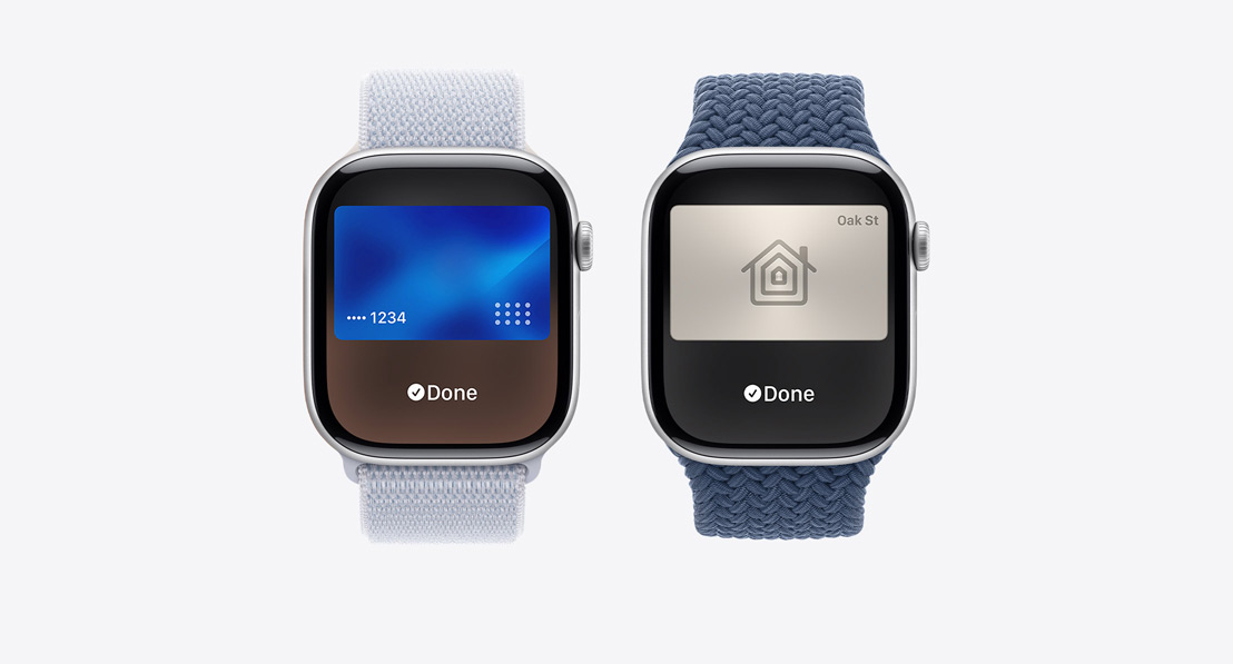 Drei Apple Watch Series 10. Die erste zeigt eine Apple Card, die mit Apple Pay verwendet wird. Die zweite zeigt eine ÖPNV Karte, die mit der Wallet App verwendet wird. Die dritte zeigt einen Hausschlüssel, der über die Wallet App verwendet wird.