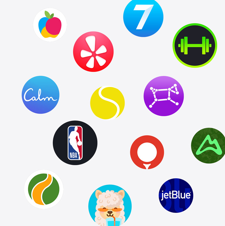 Ícones de apps do Apple Watch: ChargePoint, Yelp, Nike Run Club, SmartGym, Calm, NBA, SwingVision, Oceanic+, WeChat, Waterllama, Golfshot, JetBlue, AllTrails