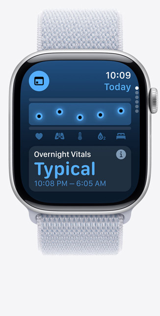 Vista frontal do Apple Watch Series 10 com um ecrã da app Sinais Vitais a mostrar que as métricas de saúde noturnas estão dentro dos valores normais