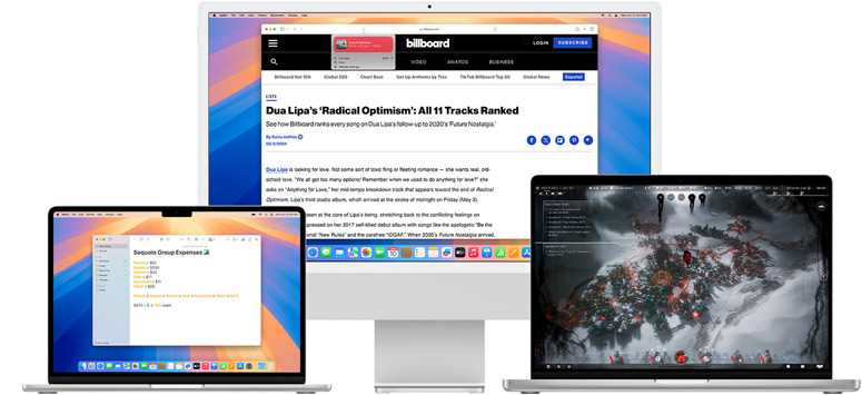 Kuvassa useita Mac-laitteita uusine macOS Sequoia ‑ominaisuuksineen