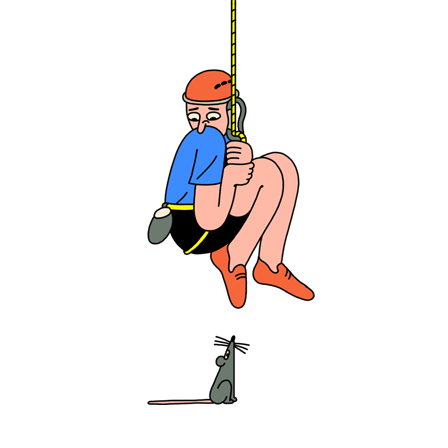 Illustration d’un alpiniste suspendu en rappel qui semble apeuré par la souris se tenant sous lui.