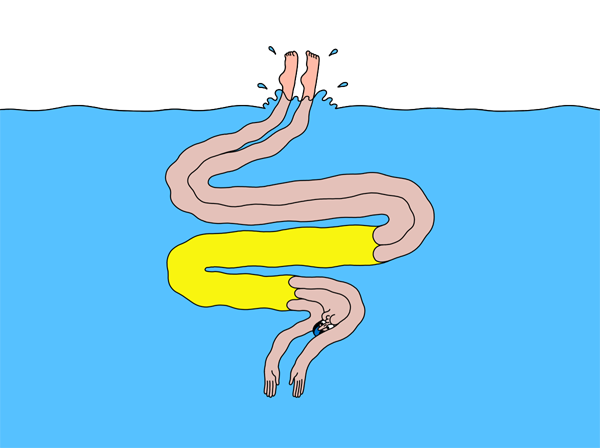 Illustration d’une nageuse en maillot jaune dont le corps très étiré ondule comme un long serpent dans l’eau.