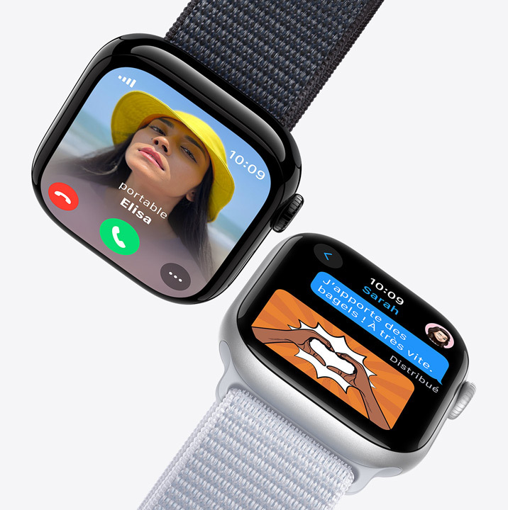 Deux écrans d’Apple Watch. Le premier montre un appel entrant. Le deuxième montre un SMS.