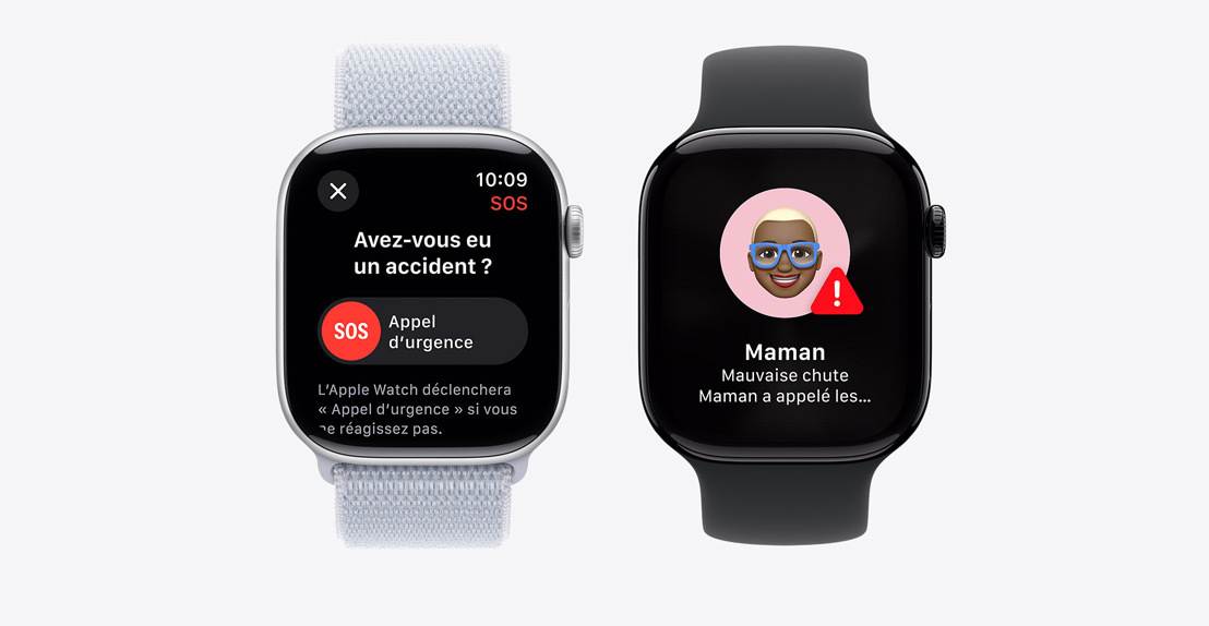 Deux Apple Watch Series 10. La première affiche une notification de détection des accidents avec le bouton Appel d’urgence. La deuxième affiche une notification indiquant que « Maman » a fait une mauvaise chute et a contacté les secours.