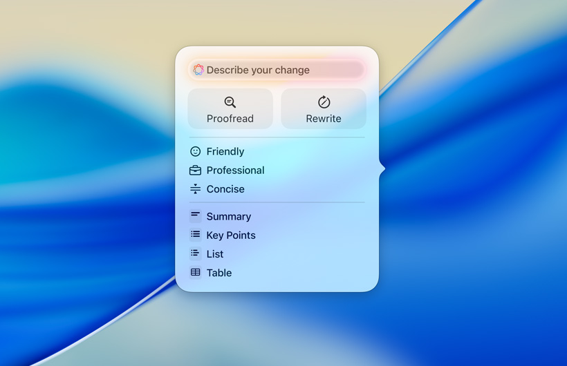 UI for Writing Tools with a text field to enter prompts, buttons for Proofread and Rewrite, different tones of writing voice, and options for summarize, key points, table, and list