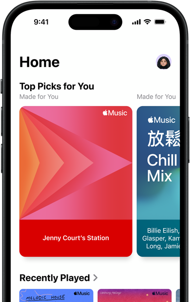Apple Music Home tab screen on iPhone, Top Picks for You carousel showing Jenny Court's personalized stations and playlists