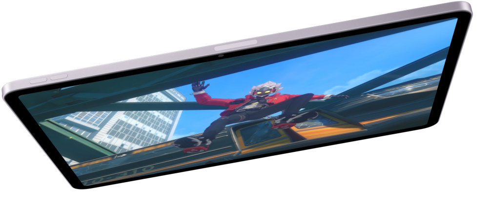 iPad Air in landscape orientation, showcasing an action scene, two other iPad Air models below