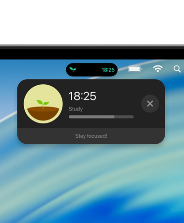 Mac 裝置螢幕頂部顯示選單列,以及已展開的 Forest 專注森林 - 讀書專注番茄鐘即時動態