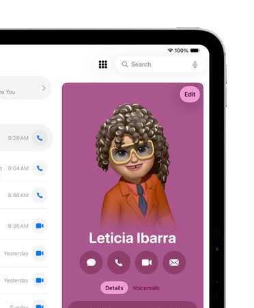 iPad 螢幕右前方展示在電話 app 開啟聯絡人卡片,並設有訊息和通話等選項