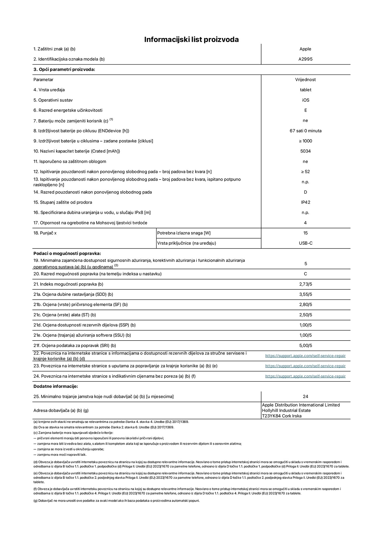 List s informacijama o proizvodu za iPad mini Wi-Fi + Cellular, model A2995. Isporučuje Apple Distribution International Ltd, Hollyhill Industrial Estate. Cork, Irska T23 YK84. Vrsta uređaja: tablet. Operacijski sustav: iOS. Klasa energetske učinkovitosti: E. Baterija koju može zamijeniti korisnik: ne. Trajanje baterije: 67 sati. Trajanje baterije u ciklusima: veće ili jednako 1000. Nazivni kapacitet baterije: 5034 mAh. Ponovljeni test slobodnim padanjem – padovi bez kvarova: veće ili jednako 52. Klasa pouzdanosti pri ponovljenim slobodnim padovima: D. Ocjena zaštite od prodiranja: IP42. Otpornost na grebanje zaslona na Mohsovoj ljestvici tvrdoće: 4. Potrebna izlazna snaga punjača: 15 W. Tip utičnice punjača: USB-C. Minimalna zajamčena dostupnost sigurnosnih ažuriranja operacijskog sustava, korektivnih ažuriranja i ažuriranja funkcionalnosti: 5 godina. Klasa popravljivosti: C. Indeks popravljivosti: 2,73/5. Ocjena dubine rastavljanja: 3,55/5. Ocjena pričvrsnih elemenata: 2,80/5. Ocjena alata: 2,50/5. Ocjena rezervnih dijelova: 1,00/5. Ocjena ažuriranja softvera: 1,00/5. Ocjena informacija o popravcima: 5,00/5. Internetska poveznica prema informacijama o dostupnosti rezervnih dijelova za profesionalne servisere i krajnje korisnike: https://support.apple.com/self-service-repair. Internetska poveznica prema uputama za popravljanje za krajnje korisnike: https://support.apple.com/self-service-repair. Internetska poveznica prema indikativnim cijenama prije poreza: https://support.apple.com/self-service-repair. Ponuđeno je 24-mjesečno općenito jamstvo.