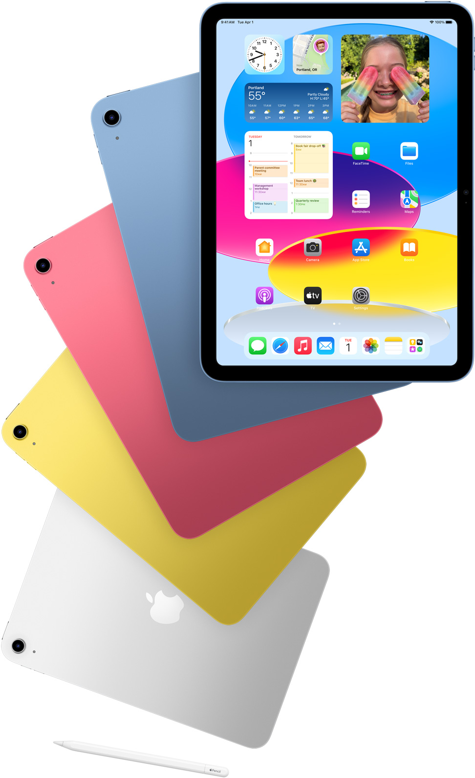 Pogled na prednji dio iPada koji pokazuje početni zaslon i na stražnju stranu plavog, rozog, žutog i srebrnog iPada. Apple Pencil leži pokraj raspoređenih modela iPada.