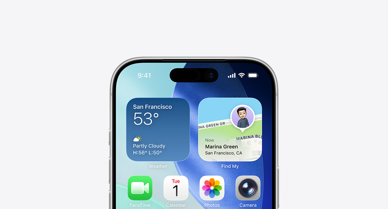 iPhone, bagian atas layar menampilkan layar utama dengan widget Cuaca dan Lacak di baris atas