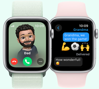 Two Apple Watches. One with a picture of dad calling. The other with a text to Grandma that says 'Grandma, we won the game.'