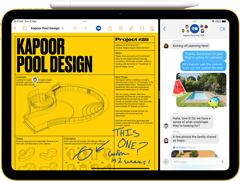 Split View of Pages and Messages on iPad with Apple Pencil magnetically attached.