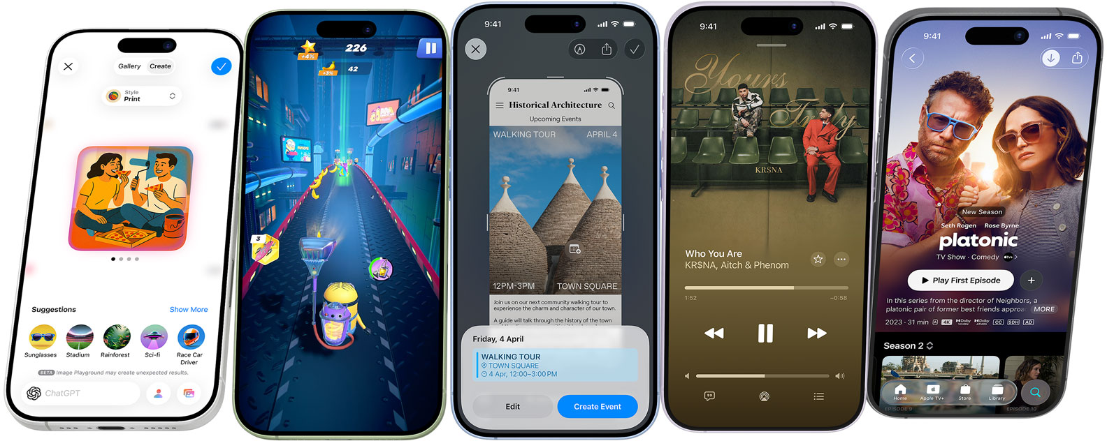 iPhone 17 devices spinning end over end, stopping on screens showing iPhone features
