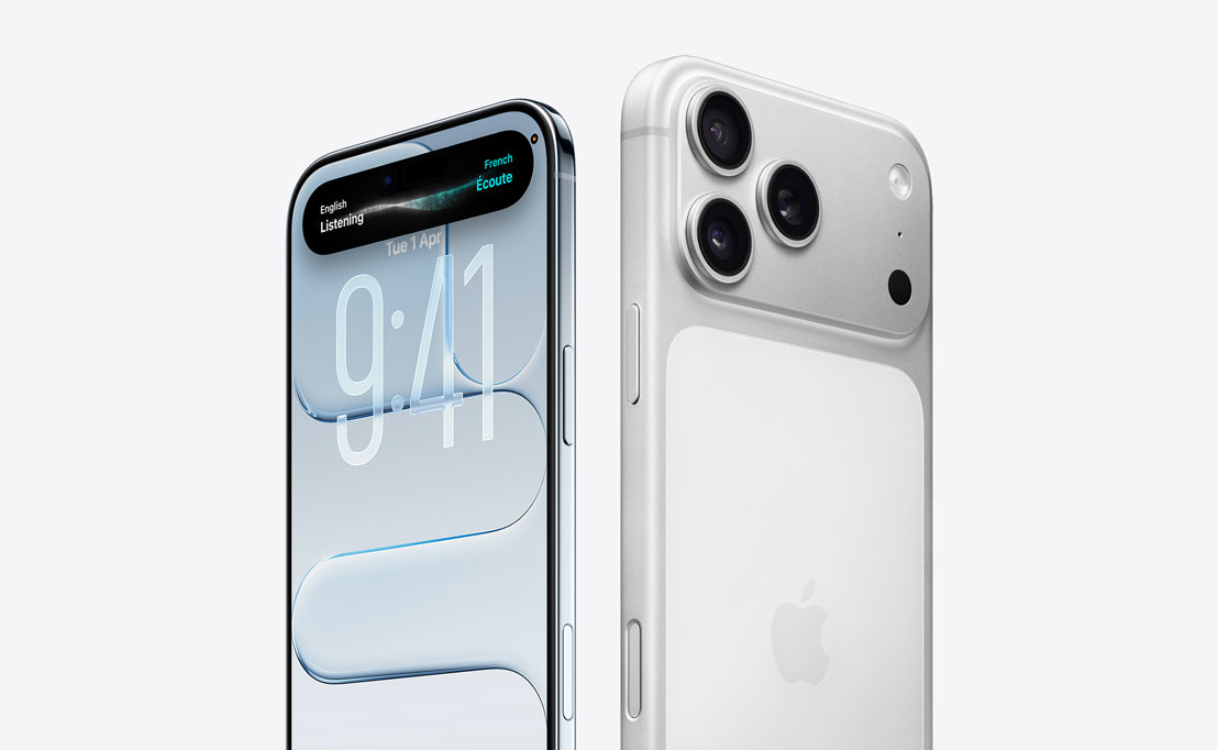 iPhone Air front exterior with Liquid Glass Display and Dynamic Island, thin titanium edge, iPhone 17 Pro back exterior with Pro camera system in top left corner