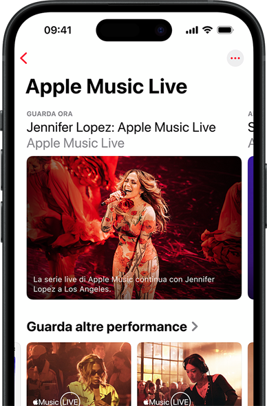 Una schermata di Apple Music Live su un iPhone che mostra le sezioni Guarda ora e Guarda altre performance, e contenuti esclusivi come I 100 migliori album di Apple Music