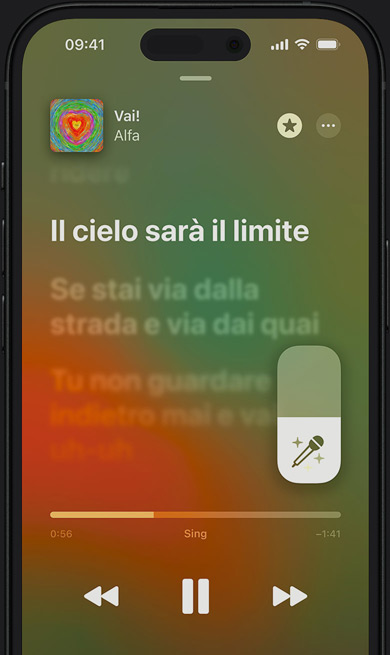 La modalità Apple Music Sing su un iPhone che riproduce Vai! di Alfa