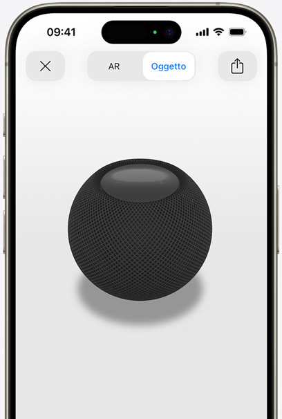 Schermo di un iPhone con vista in realtà aumentata di un HomePod mini Mezzanotte.