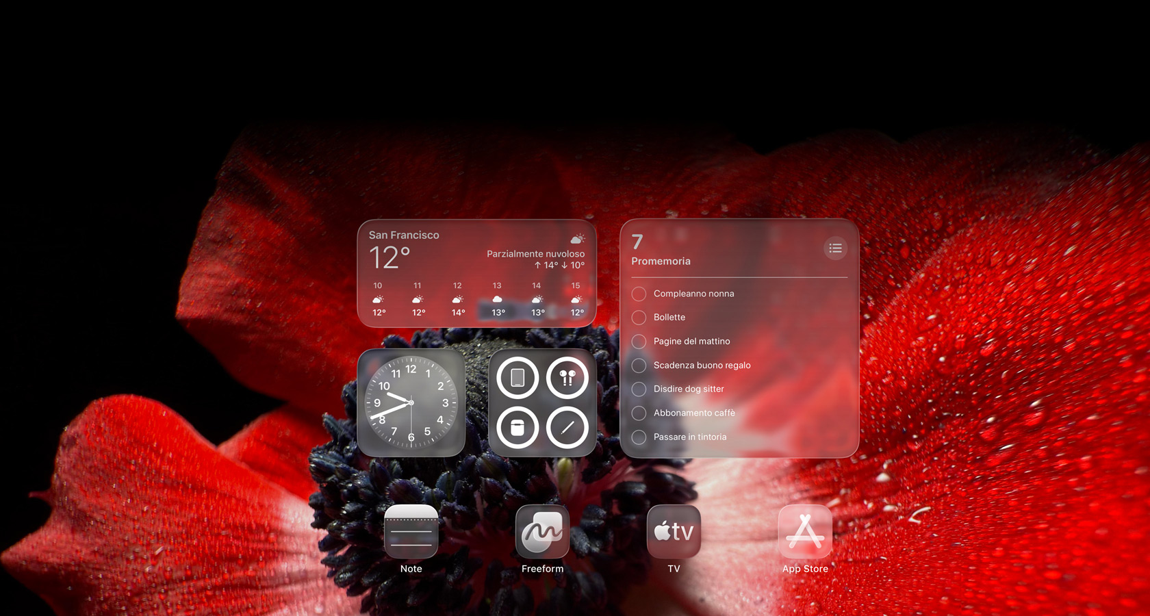 Schermata di blocco con le icone delle app Meteo, Promemoria e Orologio, tutte semitrasparenti in Liquid Glass, a rifrangere lo sfondo