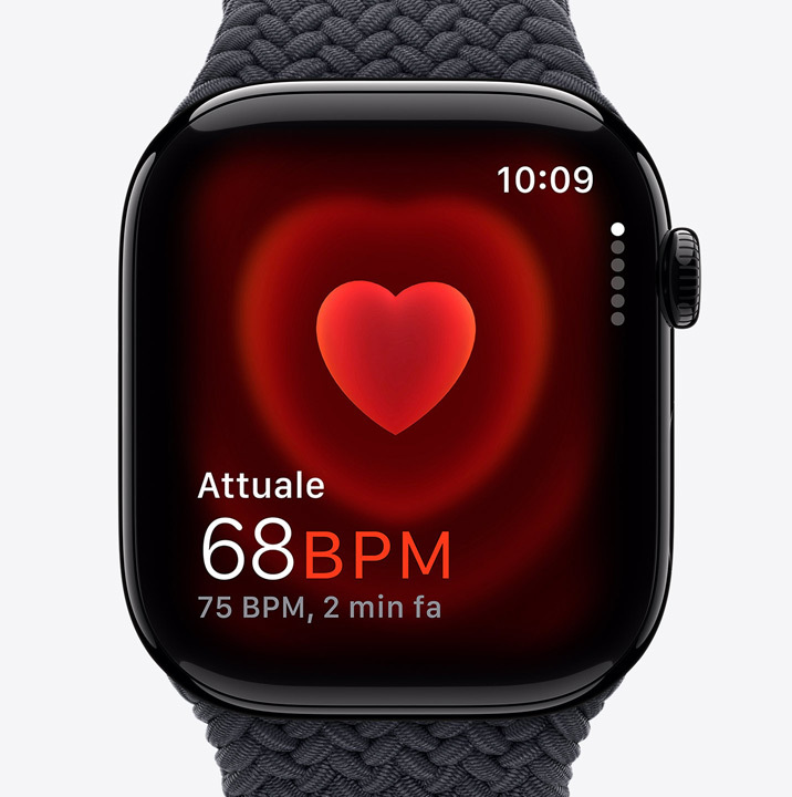 Un Apple Watch Series 10 con l’app ECG che mostra un tracciato della frequenza cardiaca e un conto alla rovescia di 24 secondi.