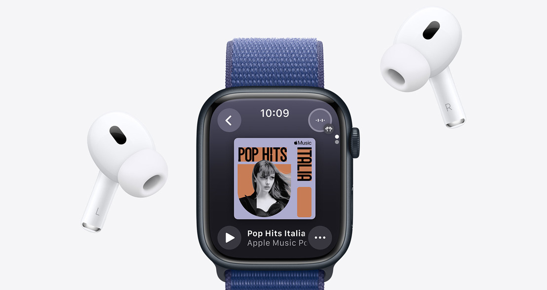 AirPods Pro around an Apple Watch Series 9 with an Apple Music Playlist playing.