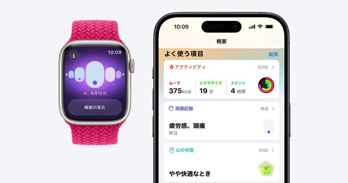 周期記録アプリを表示したApple Watch Series 9と、周期記録の情報をヘルスケアアプリで表示しているiPhone 15 Pro。