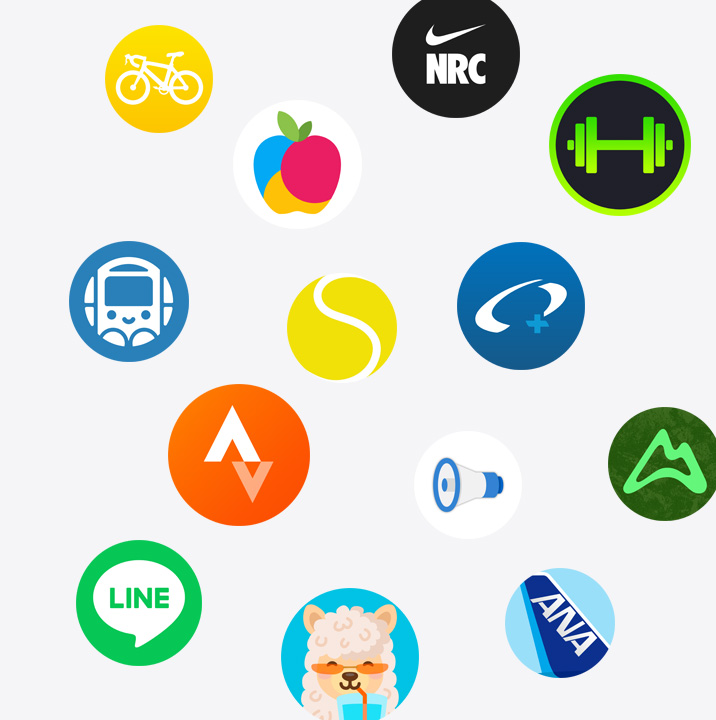 App StoreにあるApple Watch用アプリを紹介する画像。Cyclemeter、YAZIO、Nike Run Club、SmartGym、駅すぱあと、SwingVision、Oceanic+、Strava、Yahoo!防災速報、AllTrails、LINE、Waterllama、ANAアプリのアイコンがある。