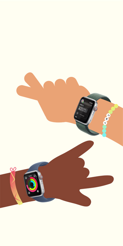 2人の子どもの手のイラスト。それぞれがApple Watch SEを装着している。プラスボタンをクリックすると、Apple Watchの子ども向け設定の機能についてさらに詳しい情報が表示される。