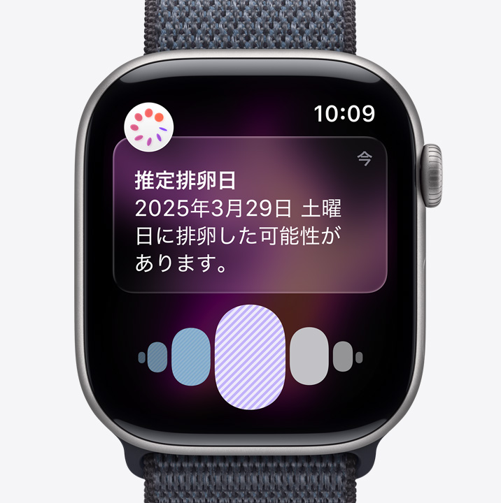 スペースグレイアルミニウムケースのApple Watch Series 11。ヘルスケアアプリの周期記録から推定される排卵日の通知が表示されている。Digital Crownが見えていて、ダークグレイのスポーツループが取りつけられている