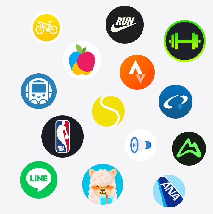 Apple Watchアプリのアイコン:Cyclemeter、Yazio、Nike Run Club、Strava、SmartGym、Ekispert、NBA、SwingVision、Oceanic+、LINE、Waterllama、Yahoo!防災速報、ANA、AllTrails